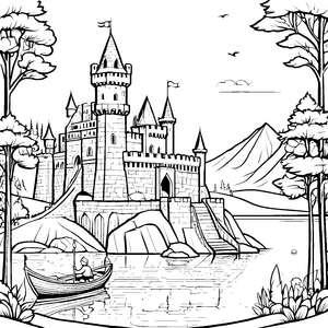 Majestätische Burg mit geheimnisvollem Wasserzugang Ausmalbild für junge Ritterfreunde