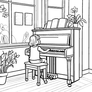 Kreative Pianistin spielt harmonische Melodien Ausmalbild für junge Musikentdecker
