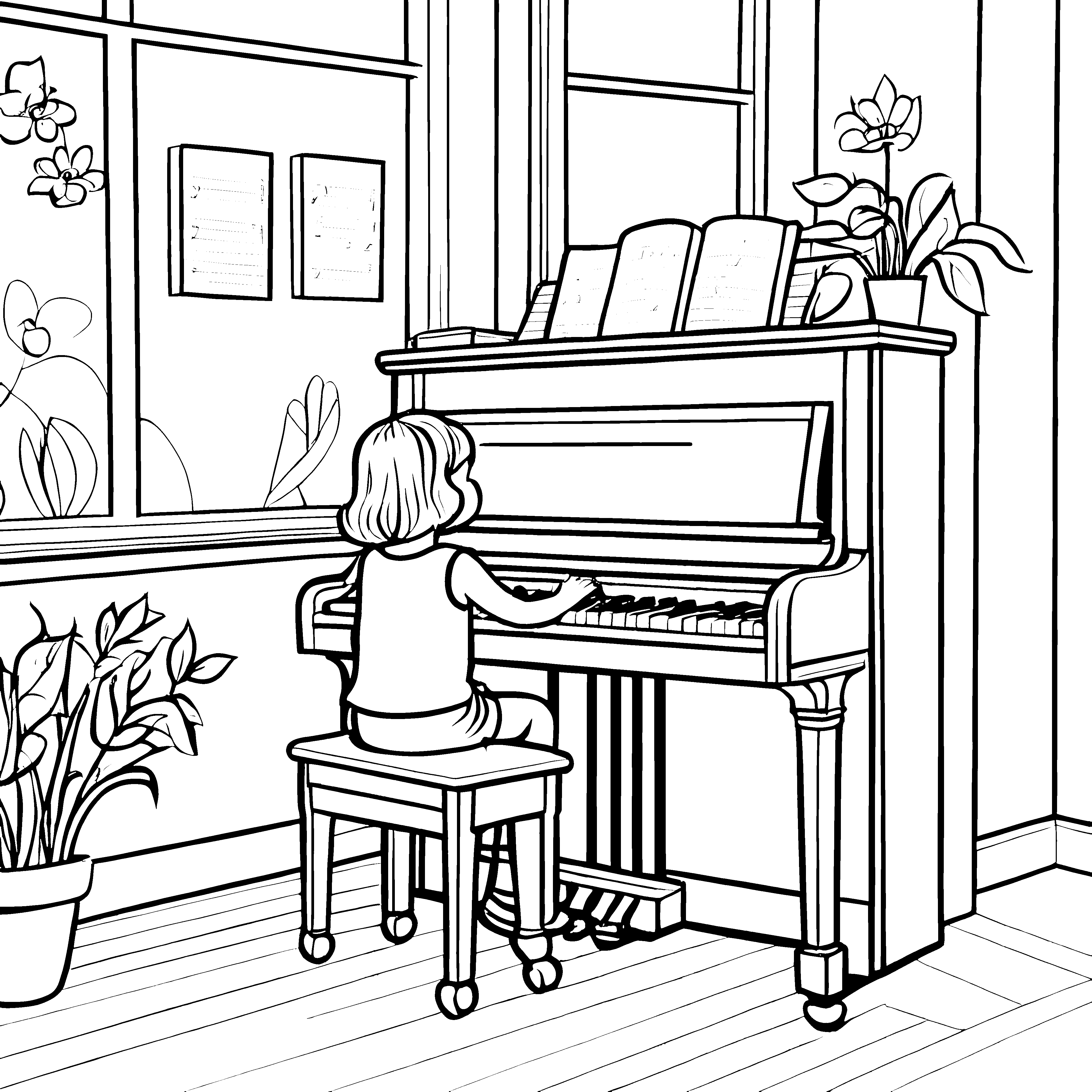 Kreative Pianistin spielt harmonische Melodien Ausmalbild für junge Musikentdecker