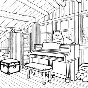 Flauschige Perserkatze auf dem Klavier Ausmalvorlage für künstlerische Entdecker