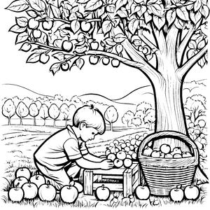 Fröhliche Apfelernte unter dem Obstbaum Ausmalbild für kleine Naturfreunde