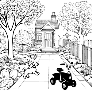 Fröhliches Dreirad im bunten Garten Ausmalbild für kleine Erfinder