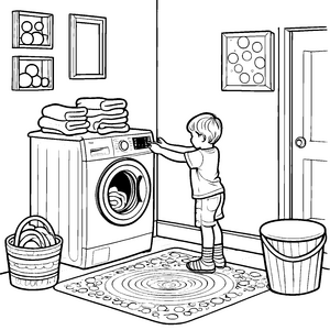 Witzige Waschmaschine im bunten Badezimmer Ausmalmotiv für kreative Mini-Haushelfer