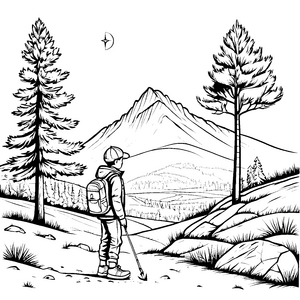 Majestätische Berglandschaft mit neugierigem Wanderer Ausmalvorlage für abenteuerlustige Naturfreunde