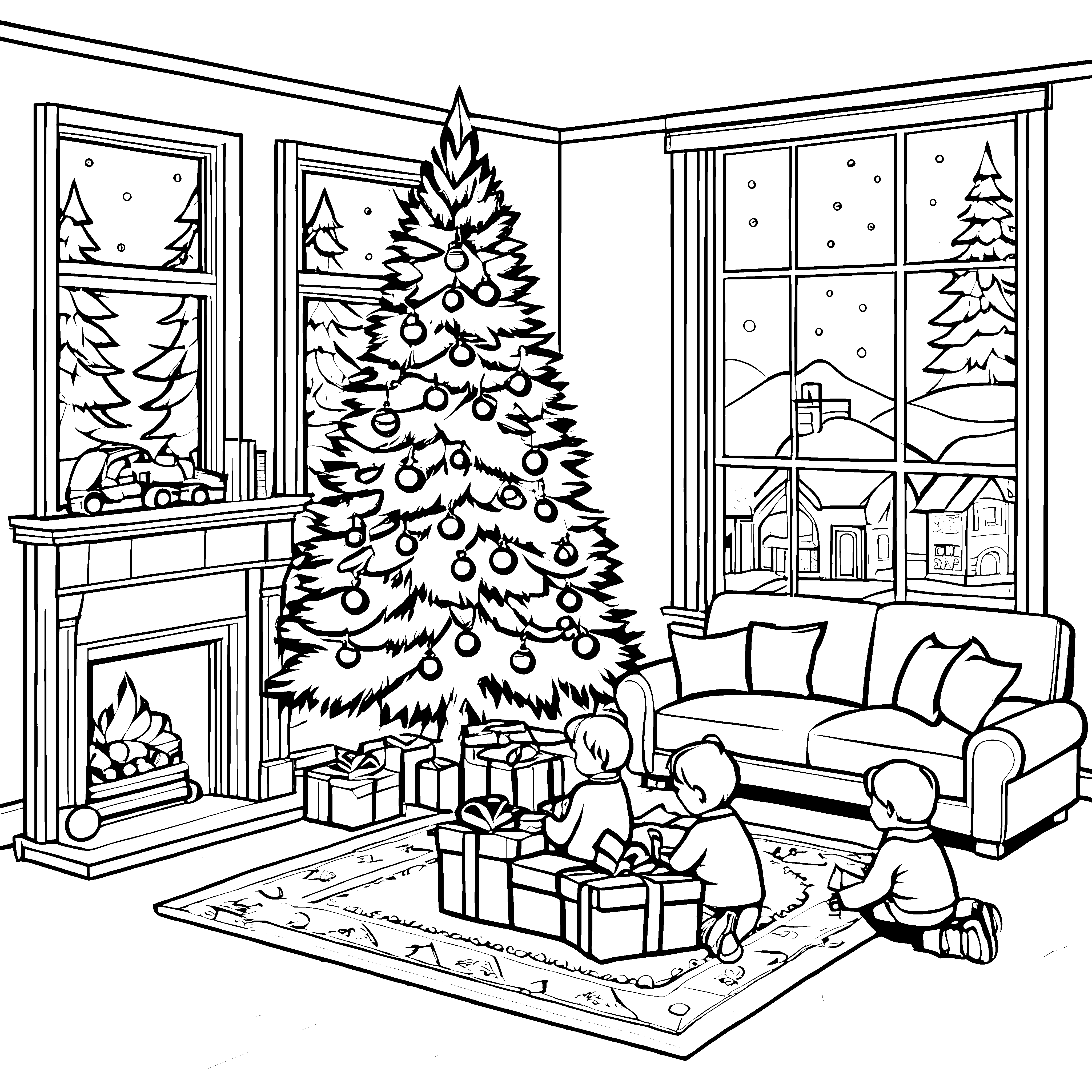 Fröhliche Kinder beim Geschenke-Auspacken unterm Weihnachtsbaum Ausmalbild für junge Entdecker