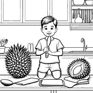 Kreativer Junge beim Auspacken der durian Ausmalvorlage für neugierige Fruchtfreunde