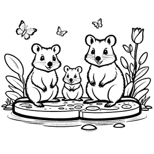 Quokka Babys erkunden die fröhlichen Blumenwiesen Ausmalvorlage für neugierige Entdecker