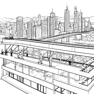Innovatives Architektenteam bei futuristischem Stadtentwurf Ausmalbild für visionäre Planer