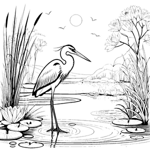 Stilvoller Reiher im blühenden Teich Malvorlage für kleine Wasserliebhaber