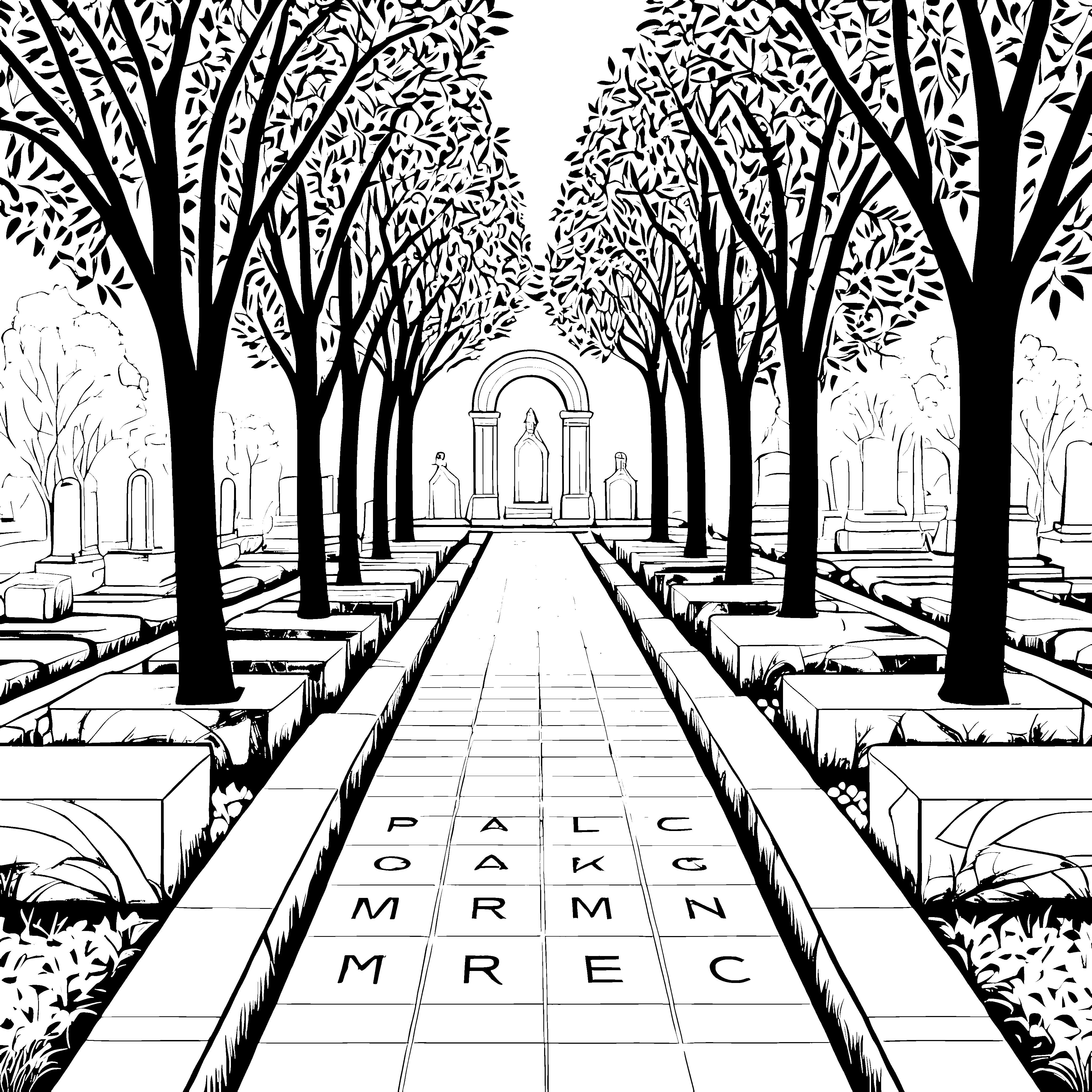 Geheimnisvoller Friedhof mit schattigen Bäumen Ausmalbild für neugierige Entdecker