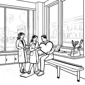 Herzlicher Arzt mit fröhlichem Patienten im Sprechzimmer Ausmalbild für kleine Gesundheitshelden
