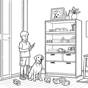Bunter Mehrzweckschrank mit Spielzeugen Ausmalbild für kleine Ordnungskünstler