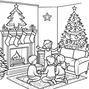 Fröhliches Weihnachtsfest mit Lichtern und Geschenken Ausmalbild für strahlende Kinderherzen