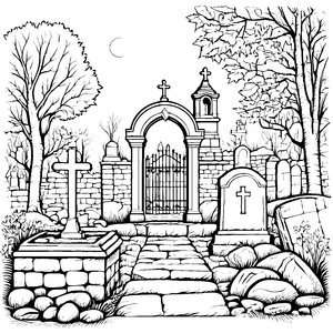 Geheimnisvoller Friedhof mit antikem Tor Ausmalvorlage für fantasievolle Entdecker