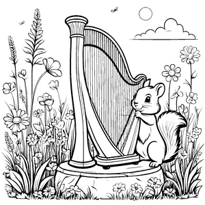 Verspieltes Eichhörnchen mit funkelnder Harfe Ausmalbild für neugierige Musikliebhaber