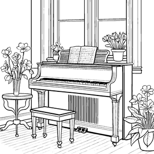 Elegantes Klavier mit bunten Blumen im Raum Ausmalbild für kreative Musikfreunde