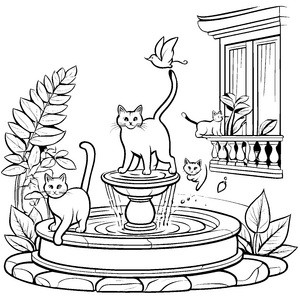 Schmusekatzen am sprudelnden Brunnen Malvorlage für verspielte Tierfreunde
