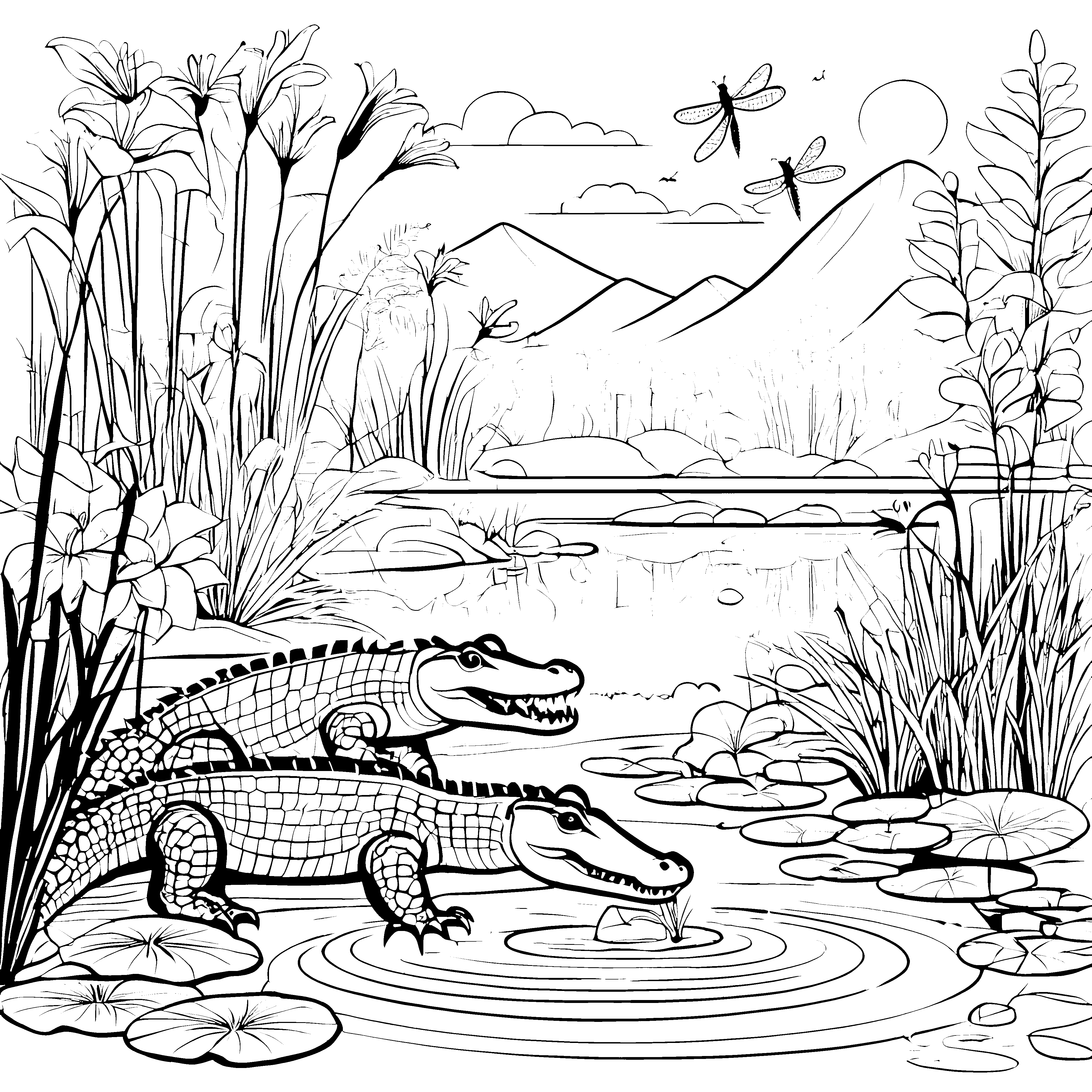 Rasante Krokodile am sprudelnden Teich Ausmalvorlage für neugierige Entdecker