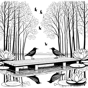 Zwei neugierige Vögel am ruhigen Teich Ausmalvorlage für kleine Naturentdecker