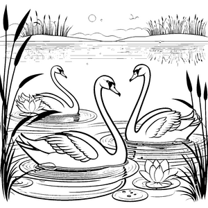 Harmonische Schwäne auf ruhigem Wasser Ausmalbild für sanfte Wasserfreunde