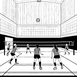 Spannendes Volleyballspiel in der Sporthalle Ausmalmotiv für energiegeladene Nachwuchssportler