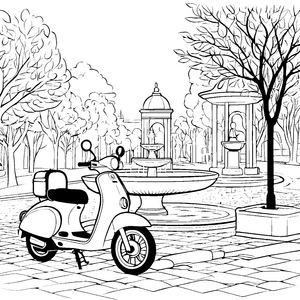 Charmantes Moped vor malerischem Brunnen Ausmalbild für neugierige Entdecker