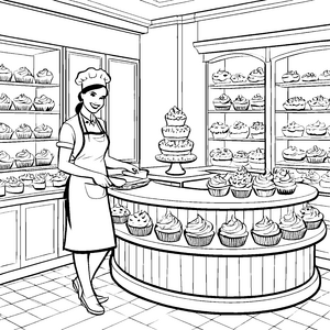 Leckere Cupcakes und kunstvolle Torten Ausmalvorlage für kleine Meisterbäcker