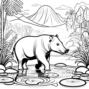 Tapir beim Spielen im glitzernden Wasser Ausmalbild für kleine Abenteurer