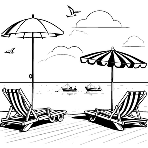 Entspanntes Strandfeeling mit bunten Liegen Malvorlage für abenteuerlustige kleine Sonnenanbeter