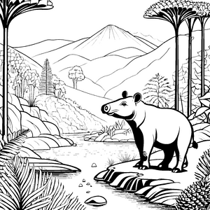 Tapir vor majestätischer Berglandschaft Ausmalmotiv für abenteuerlustige Naturfreunde