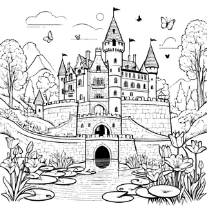 Majestätische Burg mit buntem Blumenteich Ausmalmotiv für fantasievolle Entdecker