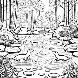 Schnabeltiere spielen fröhlich im spritzenden Wasser Ausmalmotiv für kleine Naturforscher