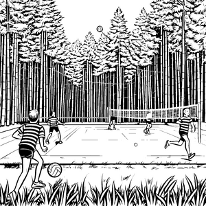 Spannendes Volleyballspiel im Wald Malvorlage für sportliche Abenteurer