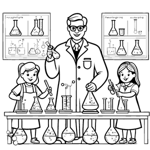 Faszinierender Lehrer mit junger Chemie-Gruppe Ausmalbild für neugierige Forscher
