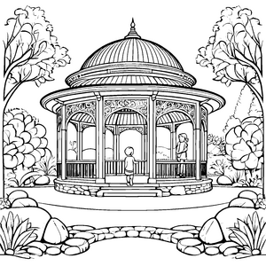 Fantasievoller Pavillon im blühenden Garten Ausmalbild für kleine Träumer