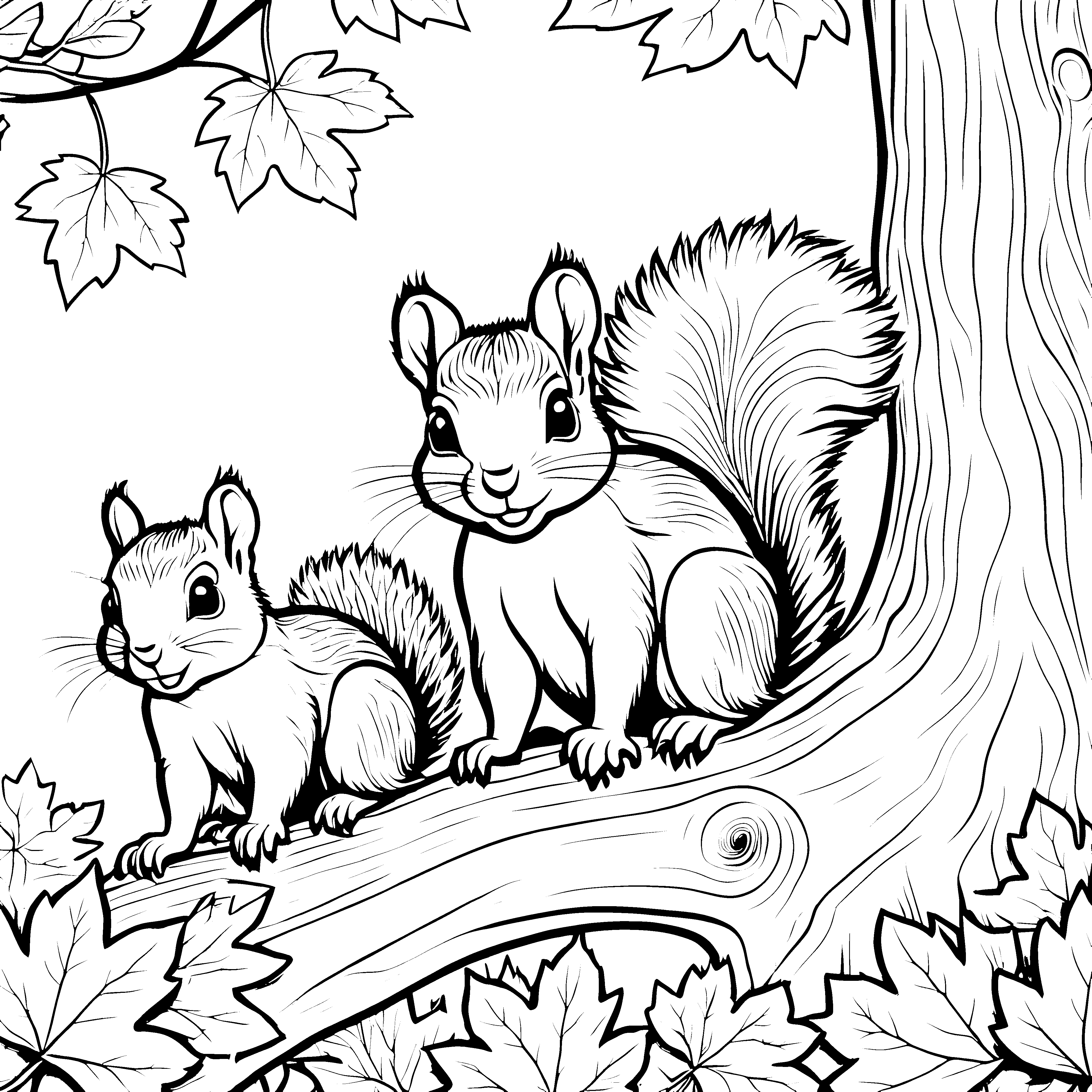 Verspielte Eichhörnchen Babys auf dem großen Baum Ausmalbild für kleine Entdecker