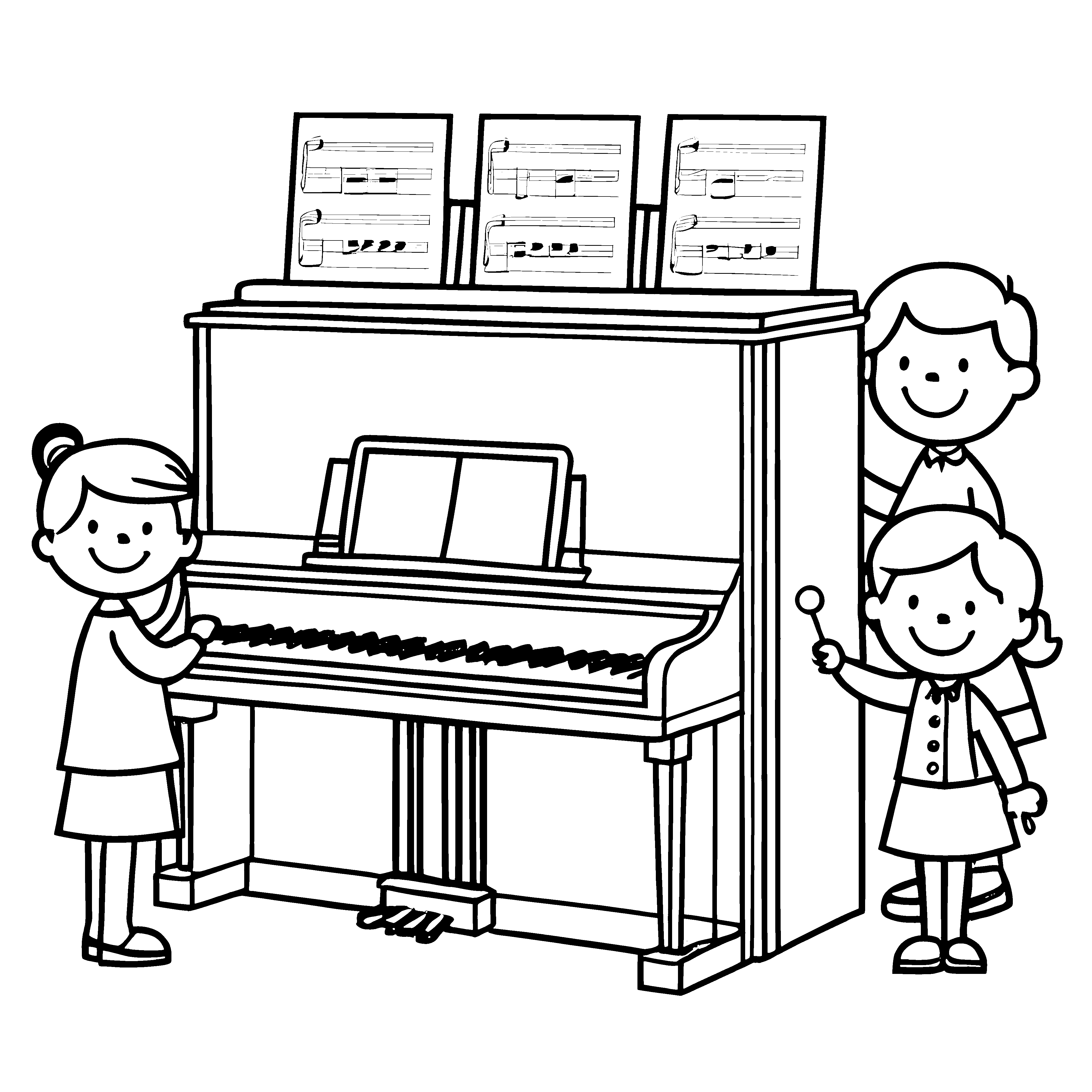 Fröhliche Kinder beim Musizieren am Klavier Ausmalvorlage für kleine Musikfans