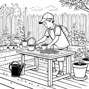 Fröhlicher Junge beim Erbsenpflanzen im Garten Ausmalbild für kleine Gartenfreunde