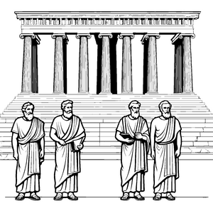 Weiser Philosophendialog vor antikem Tempel Ausmalvorlage für neugierige Denker