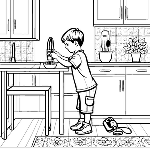 Kreativer Kochjunge mit handlichem Handmixer Ausmalbild für junge Küchenhelden