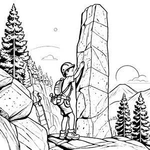 Kreativer Kletterer am majestätischen Felsen Ausmalmotiv für neugierige Abenteurer