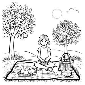 Fröhliches Picknick mit saftigen Orangen Ausmalvorlage für kreative Gartenfreunde