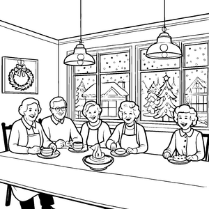 Fröhliches Weihnachtsessen im Seniorenheim Ausmalbild für lebensfrohe Gedächtniskünstler