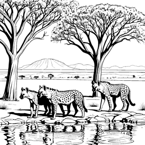 Verspielte Hyänen am glitzernden Wasser Ausmalvorlage für neugierige Entdecker