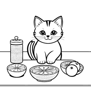 Süße Katze mit frischen Orangen Ausmalvorlage für kleine Feinschmecker