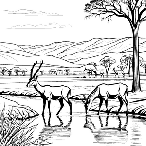 Wunderschöne Antilopen beim erfrischenden Trinken Ausmalmotiv für neugierige Naturfreunde