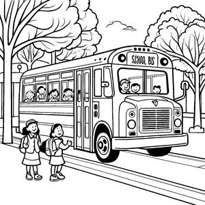 Fröhlicher Schulbus mit aufgeregten Kindern Ausmalvorlage für neugierige Entdecker