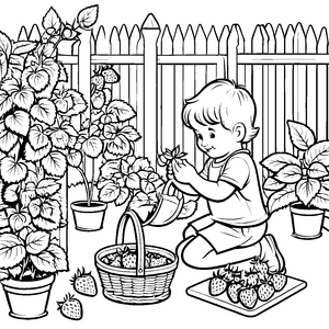 Fröhlicher Junge beim Erdbeerernte Abenteuer-Ausmalbild für kleine Gartenliebhaber