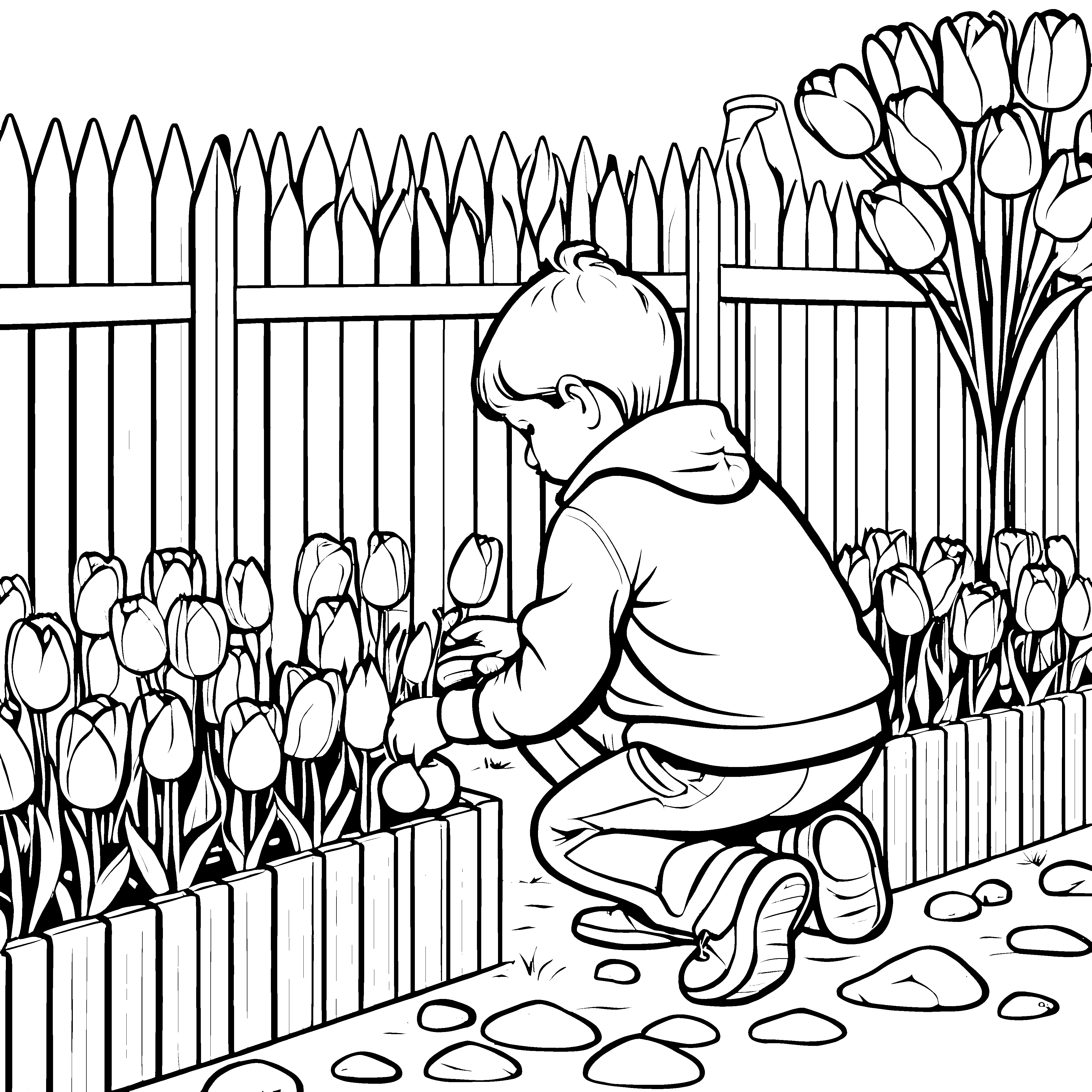 Fröhlicher Junge bei der Blumensaat Ausmalmotiv für kleine Gartenfreunde