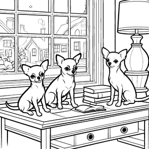 Drei neugierige Chihuahuas am Fensterbrett Ausmalbild für kreative Entdecker